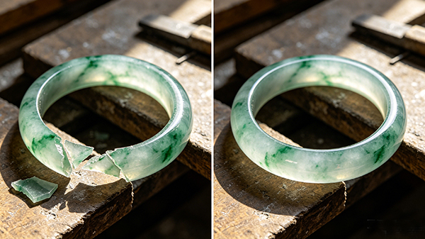冰种飘花翡翠手镯断裂修复客户陈女士